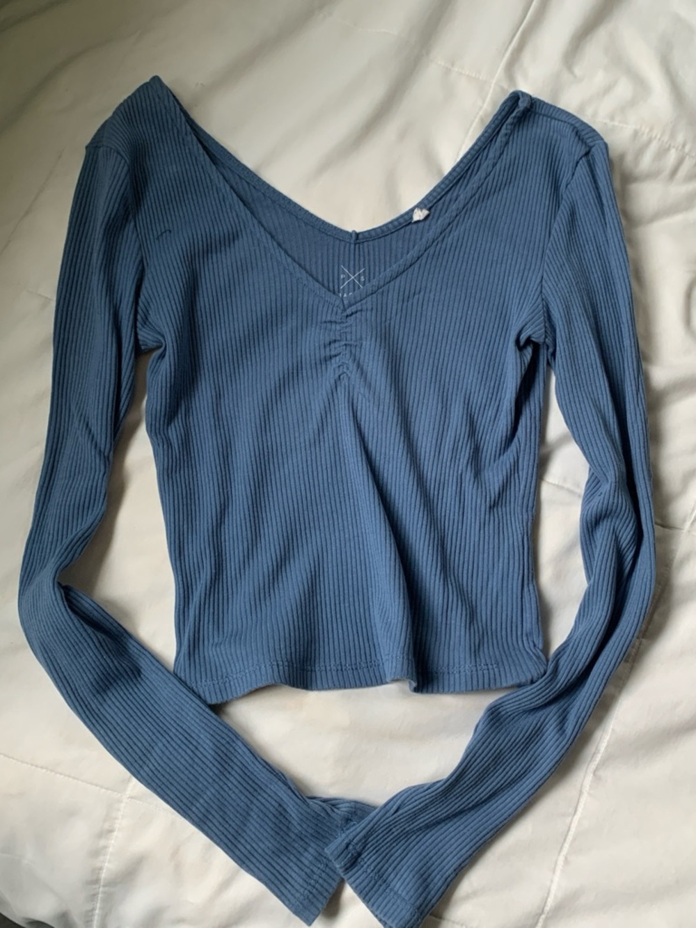PacSun Ribbed V-Neck Long Sleeve Top in Dusty Blue